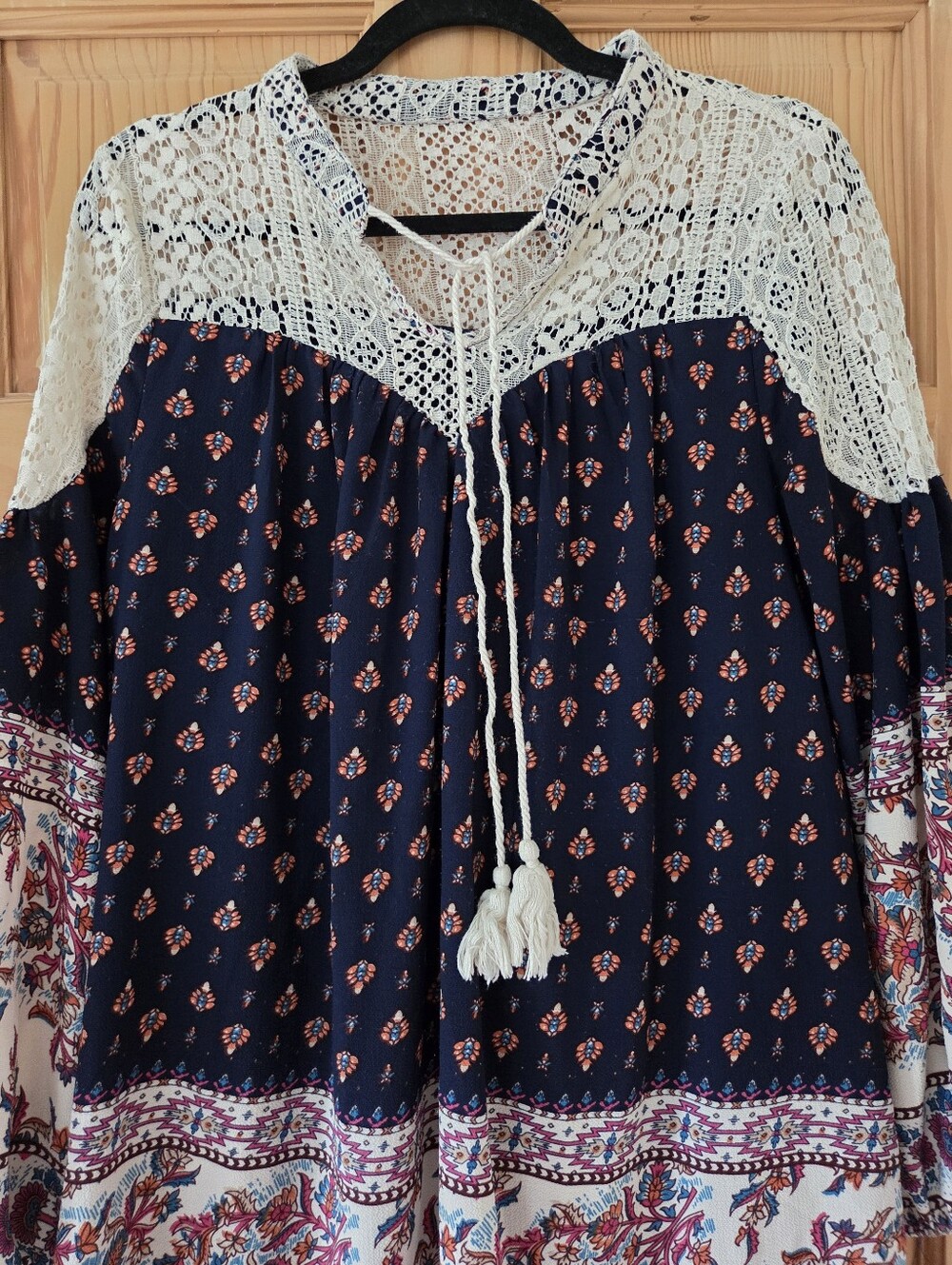 Entro Boho Mixed Print & Lace Long Sleeve Tunic Dress Size L Festival Whimsical
